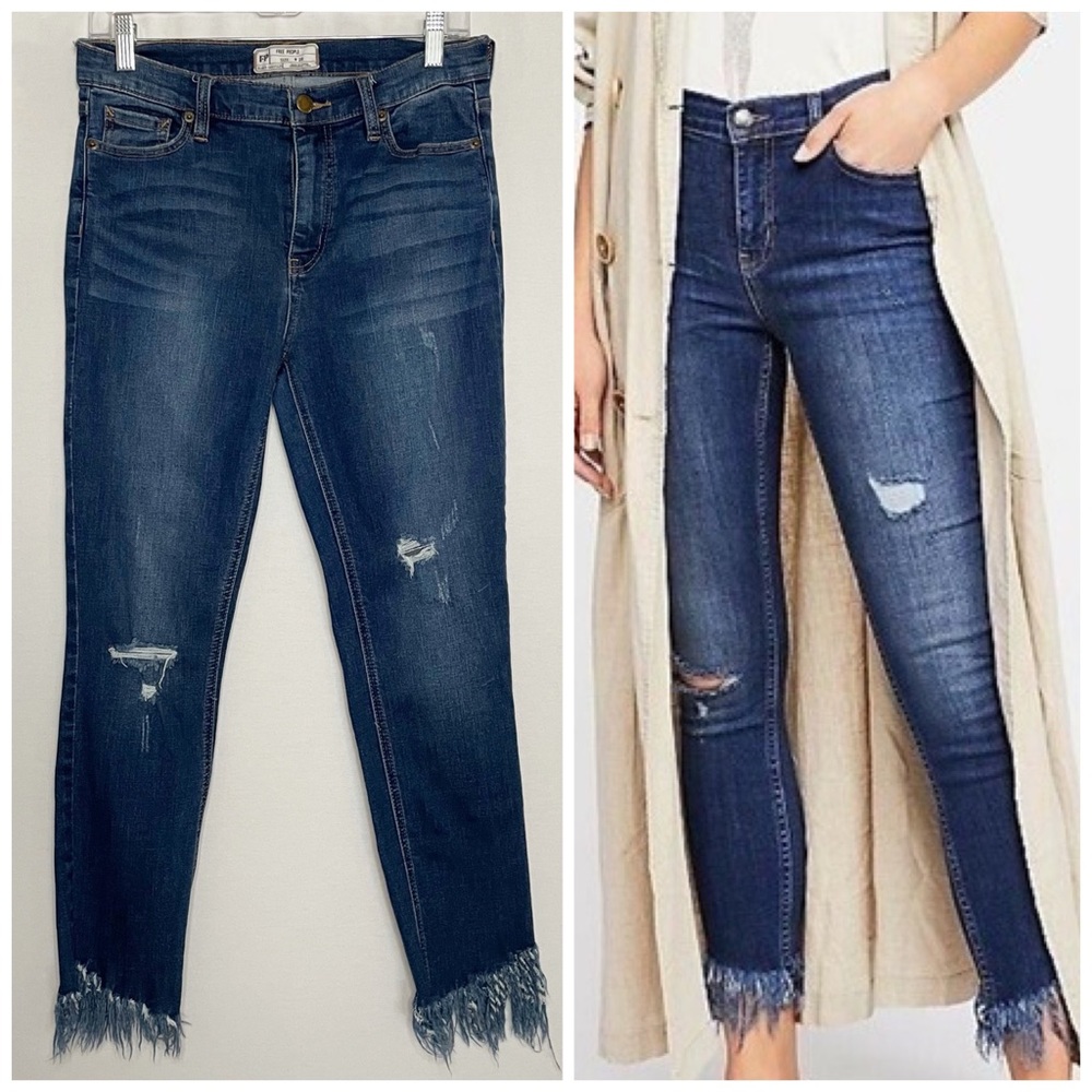 Dark Wash Distressed Frayed Hem Women’s Jeans